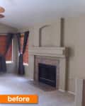 Empty living room with beige walls, brown curtains, and a fireplace, labeled "before" in orange.