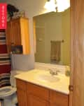 Bathroom with wooden vanity, large mirror, towel rack, and striped shower curtain.