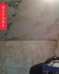 Peeling wallpaper on sloped ceiling and wall, with a box in the corner, labeled "Before."