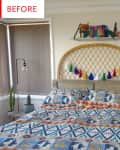 Bohemian bedroom with patterned bedding, rattan headboard, colorful tassels, cactus poster, and potted plants.