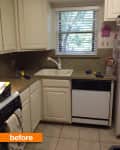 Small kitchen with white cabinets, tiled countertops, a sink, dishwasher, and window with blinds. "Before" label in corner.