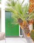 Modern entryway with green double doors, stone wall, abstract sculpture, and palm trees.