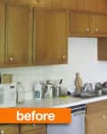 Dated kitchen with wooden cabinets, white countertops, and a dishwasher, labeled "before."