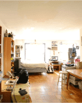 Cluttered bedroom with bookshelves, desk, and bed; "Before" label on left.