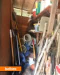 Cluttered shed with gardening tools, buckets, and storage bins on shelves.