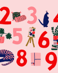 Numbers 1-9 with colorful illustrations: plants, a kangaroo, a table with a camera, a tiger, and a chair.