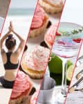 Collage of a smartphone, latte art, woman doing yoga on beach, pink cupcakes, cocktail with berries, and paintbrushes.