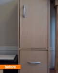 Plain wooden cabinet with two silver handles, labeled "before" in orange text.