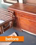 Wooden sideboard with drawers and cabinets on a porch, labeled "before."