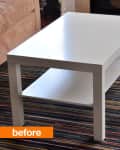 White rectangular coffee table on a striped rug next to a beige sofa, labeled "before."