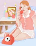 Woman in pink pajamas on bed with rotary phone, pizza box, open book, and candles on nightstand.