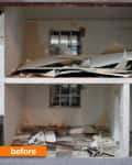 Dollhouse interior with peeling wallpaper and debris on the floor, labeled "before."