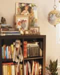 Bookshelf with a knitted monkey toy, framed art, globe lamp, and various books, including a plant with string lights nearby.