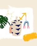 Monstera leaf, constellation, blue-patterned jar, Sagittarius symbol, and rainbow illustration on a textured background.