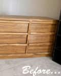 Wooden dresser with multiple drawers on a carpeted floor, labeled "Before" in the bottom right corner.
