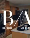 Kitchen with brick oven wall, wooden cabinets, and island counter, labeled "Before" and "After."