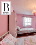 Pink bedroom with two beds, floral bedding, pink dresser, wall art, and a chandelier.
