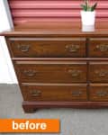 Dark wood dresser with six drawers and ornate handles, topped with a small potted plant, labeled "before."