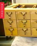 Wooden card catalog with brass handles and label slots, marked "Before."