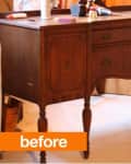 Vintage wooden sideboard with ornate legs and drawers, labeled "before."