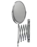 Wall-mounted round mirror with an extendable accordion arm in silver.