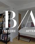 Room transformation with a bookshelf and desk on the left, bed with colorful pillow on the right.