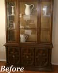 Wooden china cabinet with glass doors, displaying white ceramic pitchers and vases, labeled "Before."