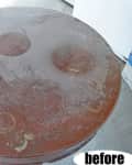 Dusty round wooden table with visible stains and scratches, labeled "before" in the corner.