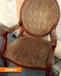 Ornate wooden chair with brown patterned upholstery, labeled "before."