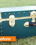 Green trunk with gold hardware and black handle labeled "Seward" on grass, with "before" text overlay.