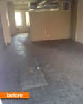 Empty room with dark tiled floor, exposed ductwork, beige walls, and a small window in the background.