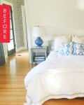Bedroom with white bedding, blue patterned pillows, blue lamps on gray nightstands, and hardwood floor.