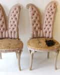 Two vintage chairs with tufted pink backs and damaged seats, labeled "Before."