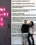 Bathroom with hand-drawn tiles, neon sign reading "Think Outside the Box," and two people standing by a wall of text.