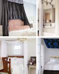 Four bedrooms with unique canopy beds: velvet drapes, cream curtains, white canopy with chandelier, and blue patterned canopy.