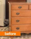 Wooden dresser with five drawers and ornate handles on a patterned rug, labeled "before."