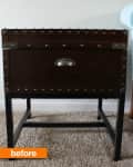 Dark wooden trunk with metal studs and handle on a carpeted floor, labeled "before."