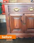 Wooden cabinet with brass handles and a single drawer, labeled "before" in orange text.