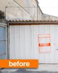 Old white garage door with a corrugated roof, orange sign, and "before" label in the bottom left corner.