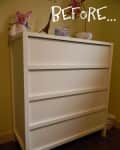 White dresser with four drawers, pink floral decor, and a framed photo on top, labeled "Before."