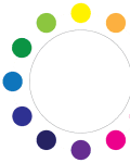 Color wheel with twelve circles in various hues arranged around a central white circle.