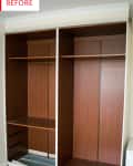 Empty wooden wardrobe with two sections and a "Before" label.