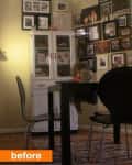 Dining room with black table, two chairs, white cabinet, and wall of framed photos, labeled "before" in orange.