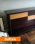 Dark wooden sideboard with light wood drawer fronts on a parquet floor, labeled "before."