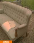 Worn beige tufted sofa with wooden arms on gravel, labeled "before."
