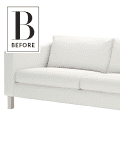 White two-seater sofa with wooden legs, labeled "Before" in the top left corner.