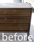 Wooden dresser with six drawers labeled "before," showing a worn finish.