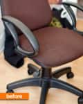Brown office chair with black armrests and base on a wooden floor, labeled "before."