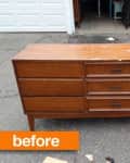 Mid-century wooden dresser with six drawers, scuffed top, and "before" label in an outdoor setting.