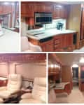 Luxury RV interior with wood cabinetry, kitchen, dining area, and bedroom featuring plush seating and a cozy bed.